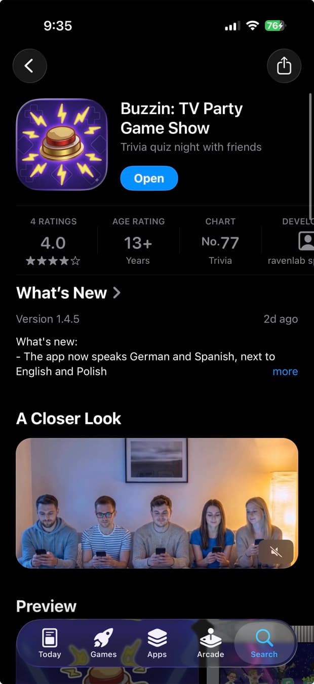 Ficha de Buzzin en App Store con un vídeo de presentación horizontal en una sección aparte llamada A Closer Look, debajo de Novedades y encima de la galería de capturas verticales