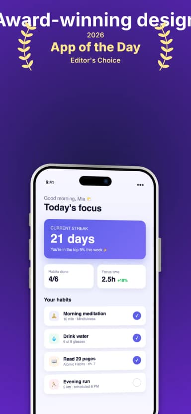 Award laurel screenshot template: App of the Day laurels above a device mockup on deep violet