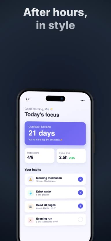 Midnight screenshot template: elegant dark scene with After hours, in style headline