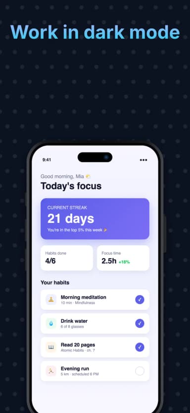 Dark mode screenshot template with dotted background and a light app UI in an iPhone frame
