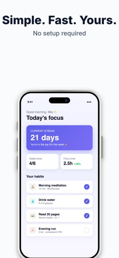 Minimal light screenshot template: clean white scene with Simple. Fast. Yours. headline