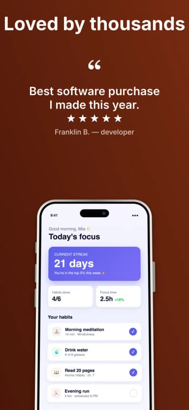 Social proof screenshot template with a five-star review quote above the device