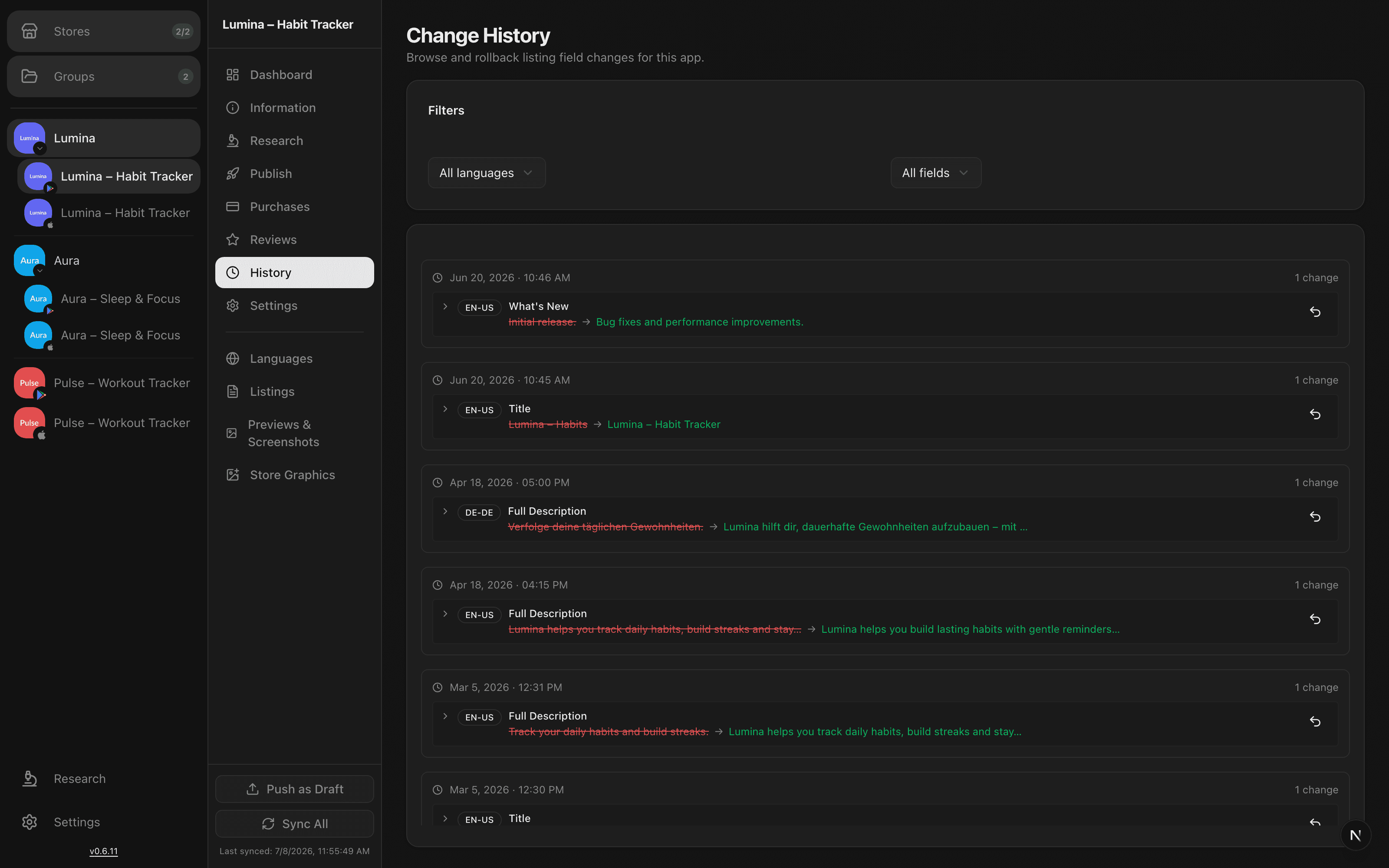 AppBoard change history with red and green field diffs and rollback controls