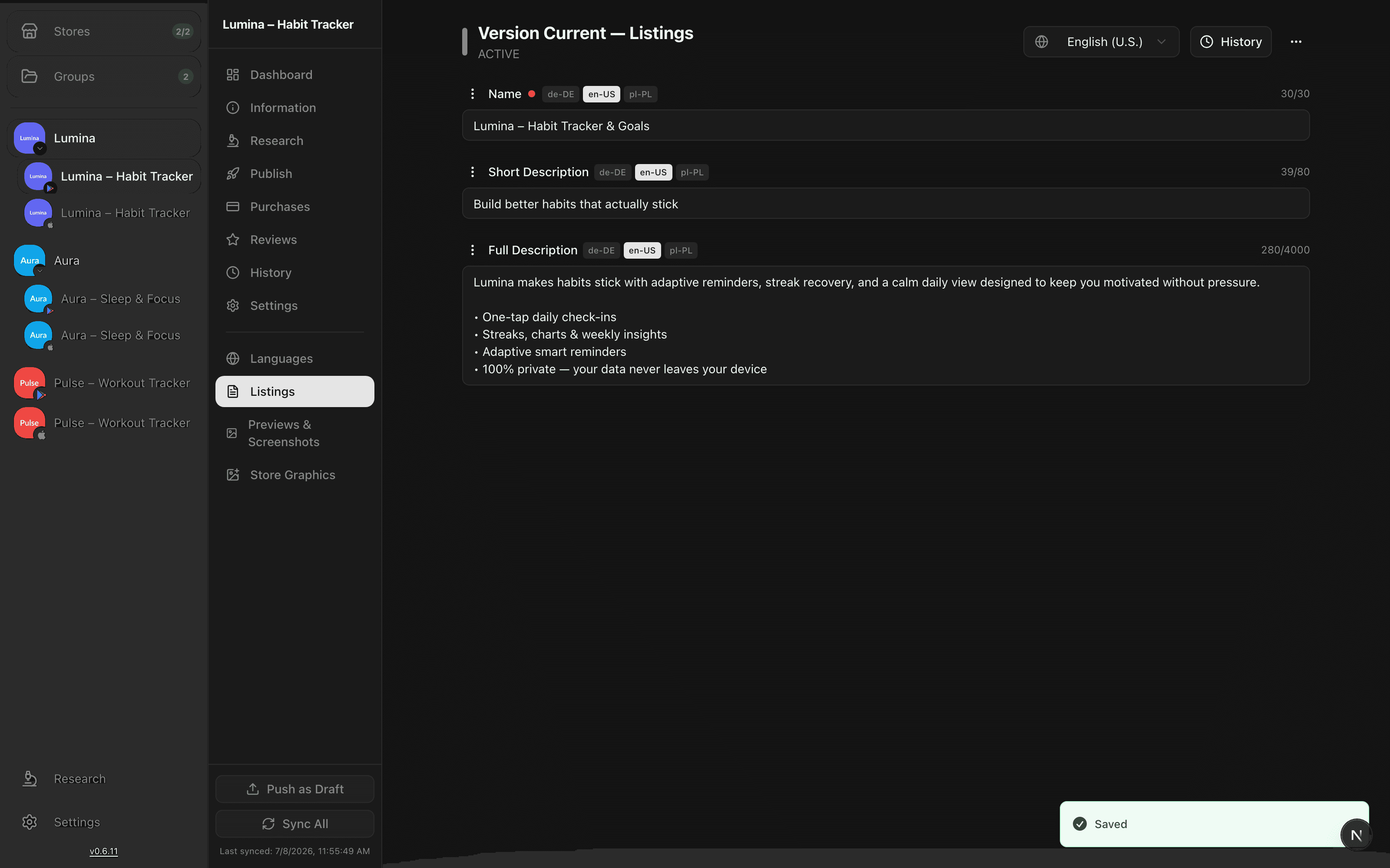 AppBoard listing editor with language tabs and live character counters