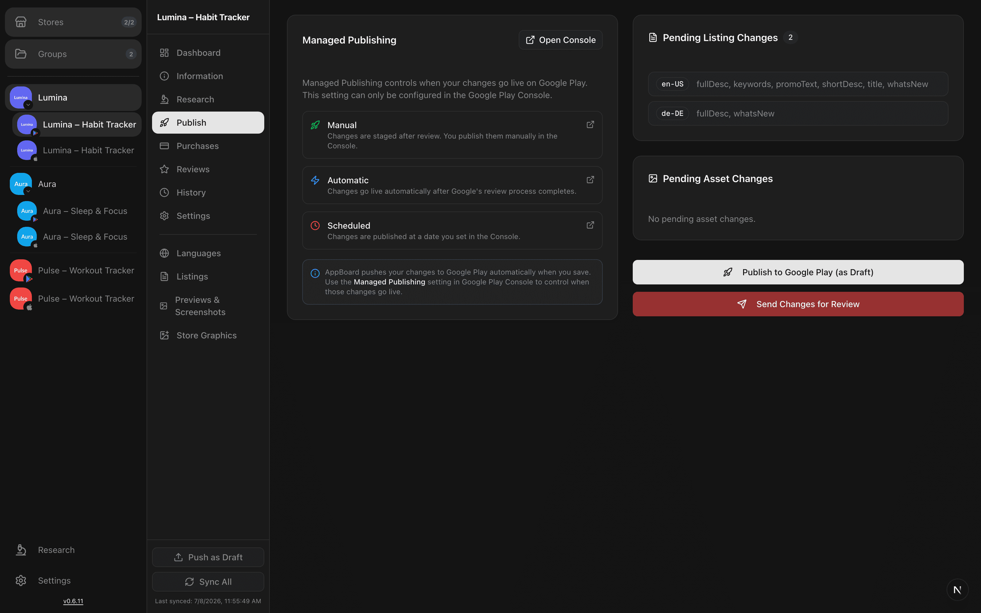 AppBoard publish page showing pending changes and push options per store