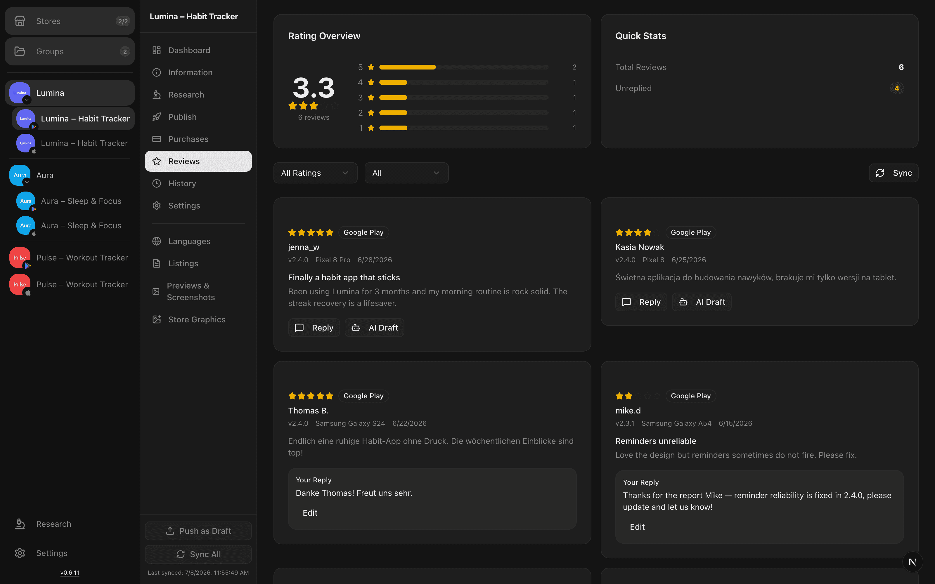AppBoard reviews inbox combining App Store and Google Play with AI Draft reply buttons