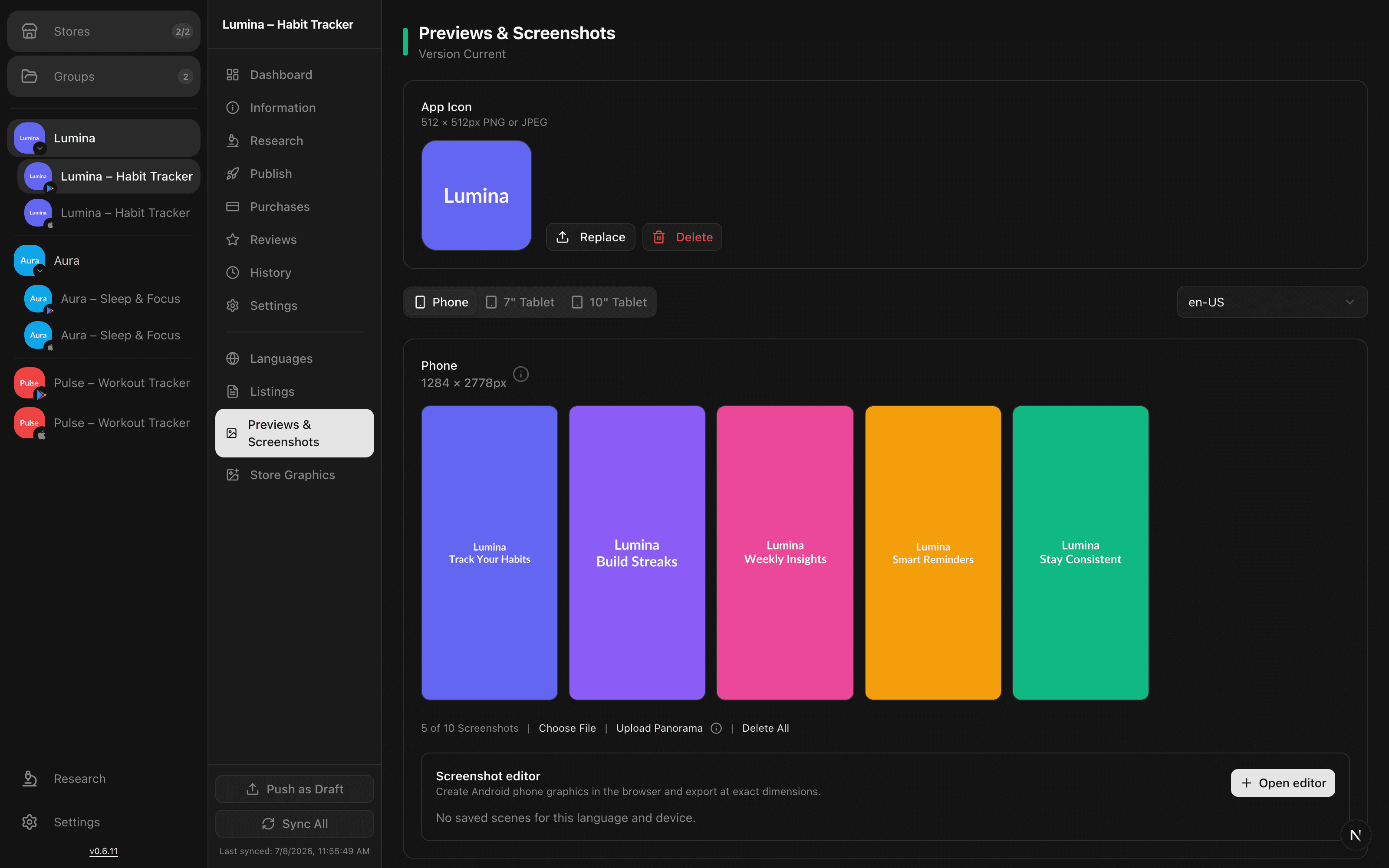 AppBoard screenshot manager grouped by device type and language with a built-in editor