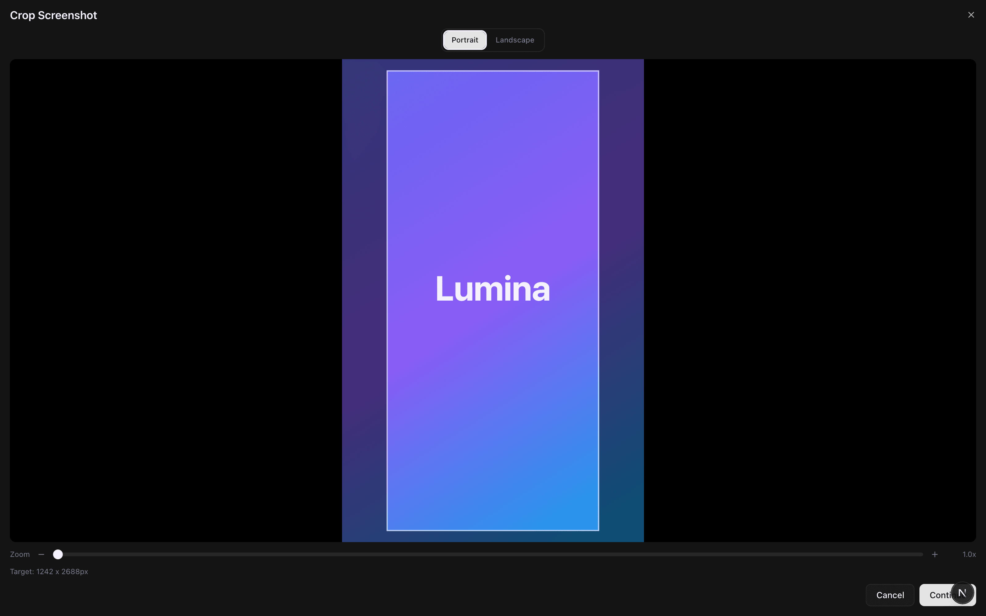 Crop Screenshot dialog with portrait and landscape presets and an exact 1242 × 2688 pixel target
