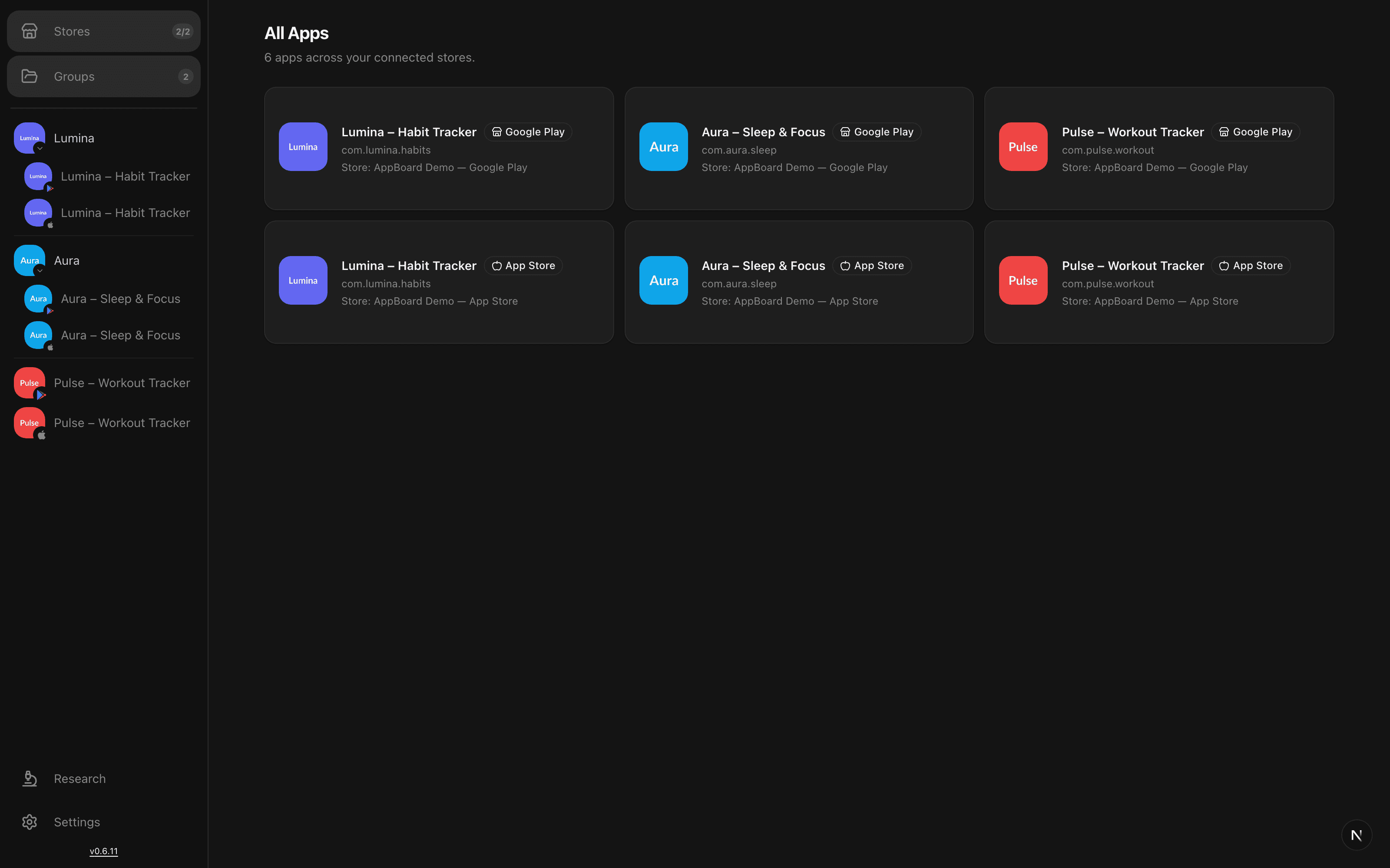 AppBoard workspace dashboard showing connected apps across App Store and Google Play