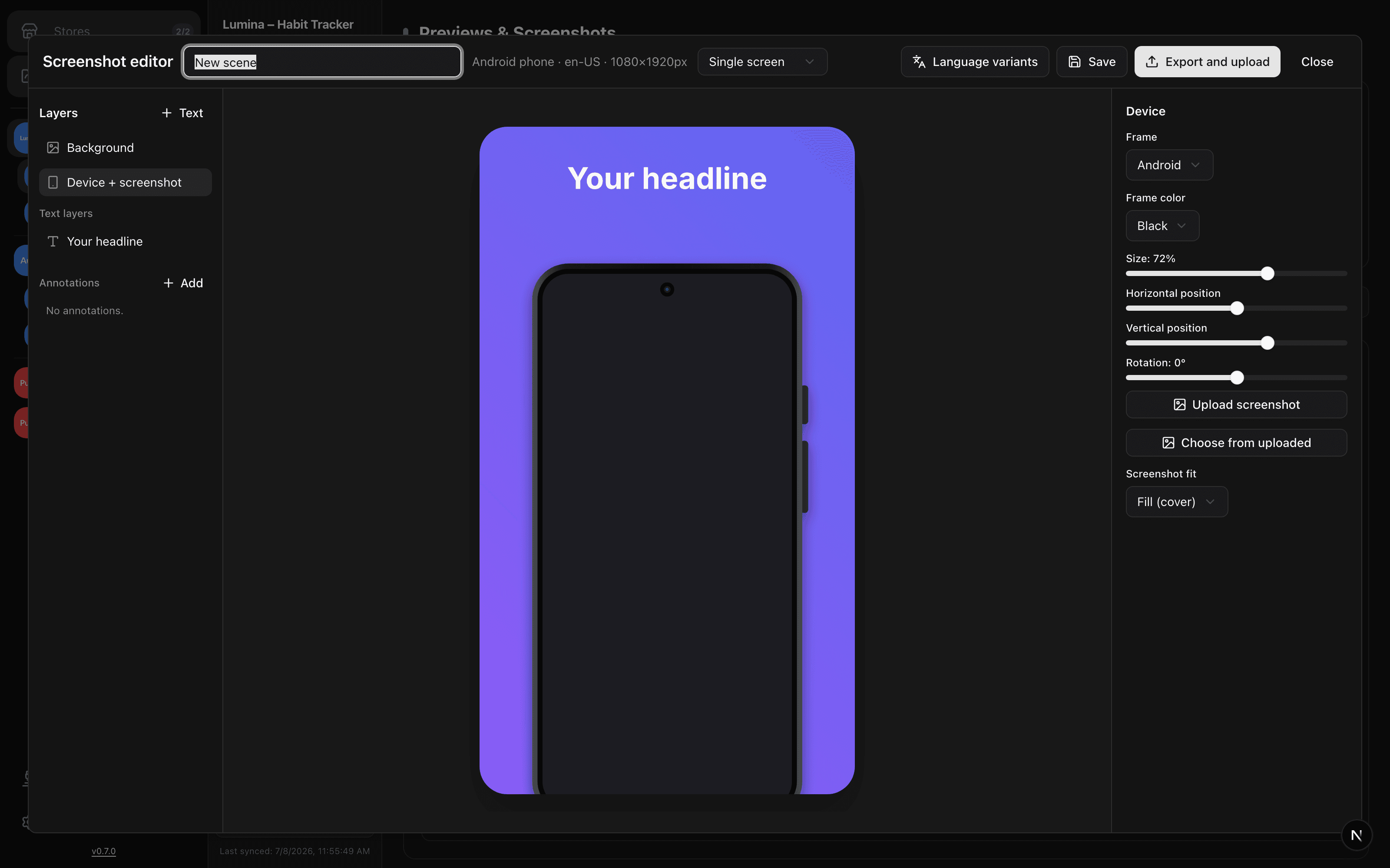 AppBoard screenshot editor with a layered scene: gradient background, Android device frame, headline text, and export at exact dimensions