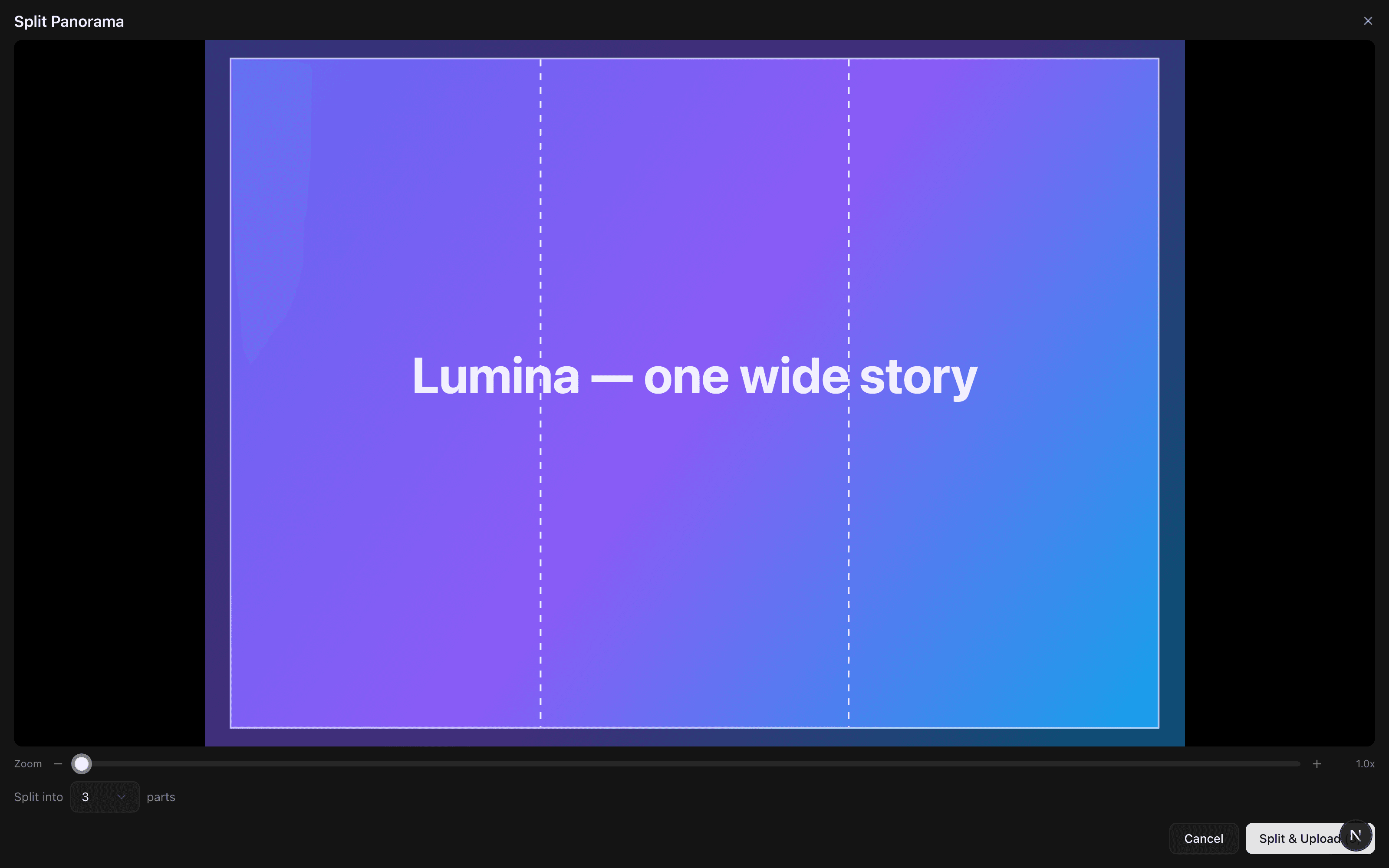 Split Panorama dialog slicing one wide image into three consecutive store screenshots with dashed cut lines