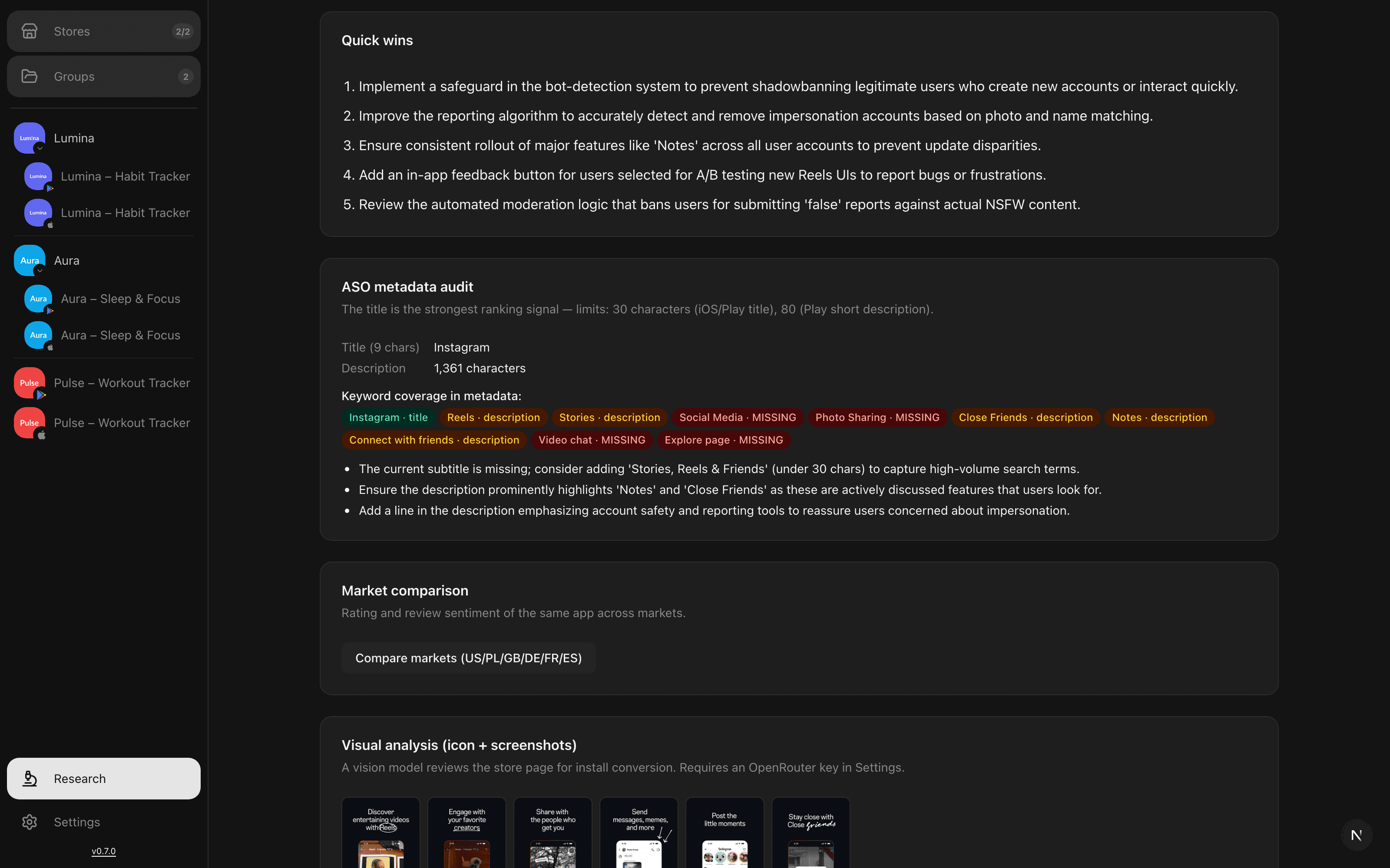Quick wins list and ASO metadata audit for Instagram, with keyword coverage tags showing which keywords are missing from title and description