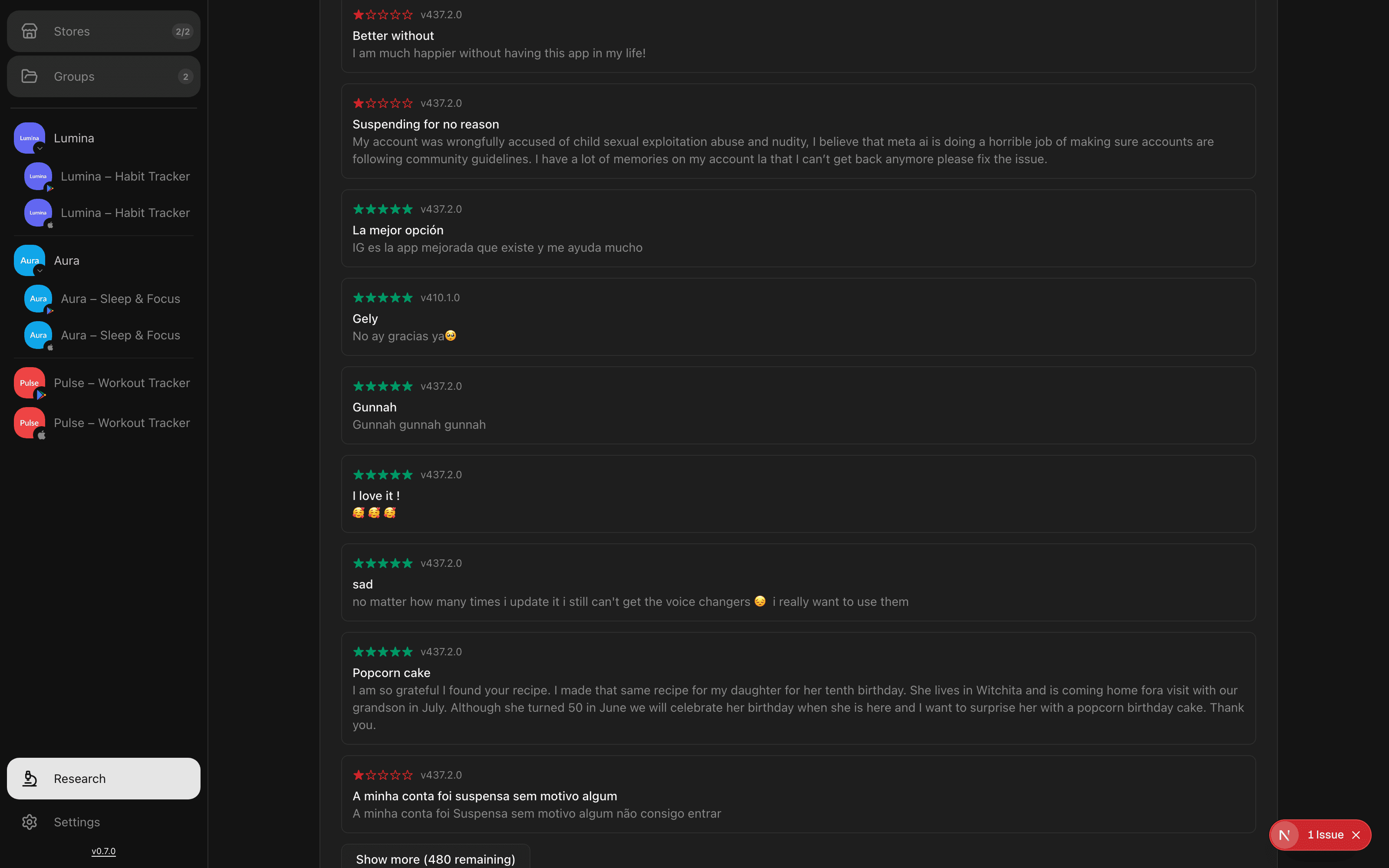 Scraped App Store reviews list for Instagram with ratings, versions and full review text