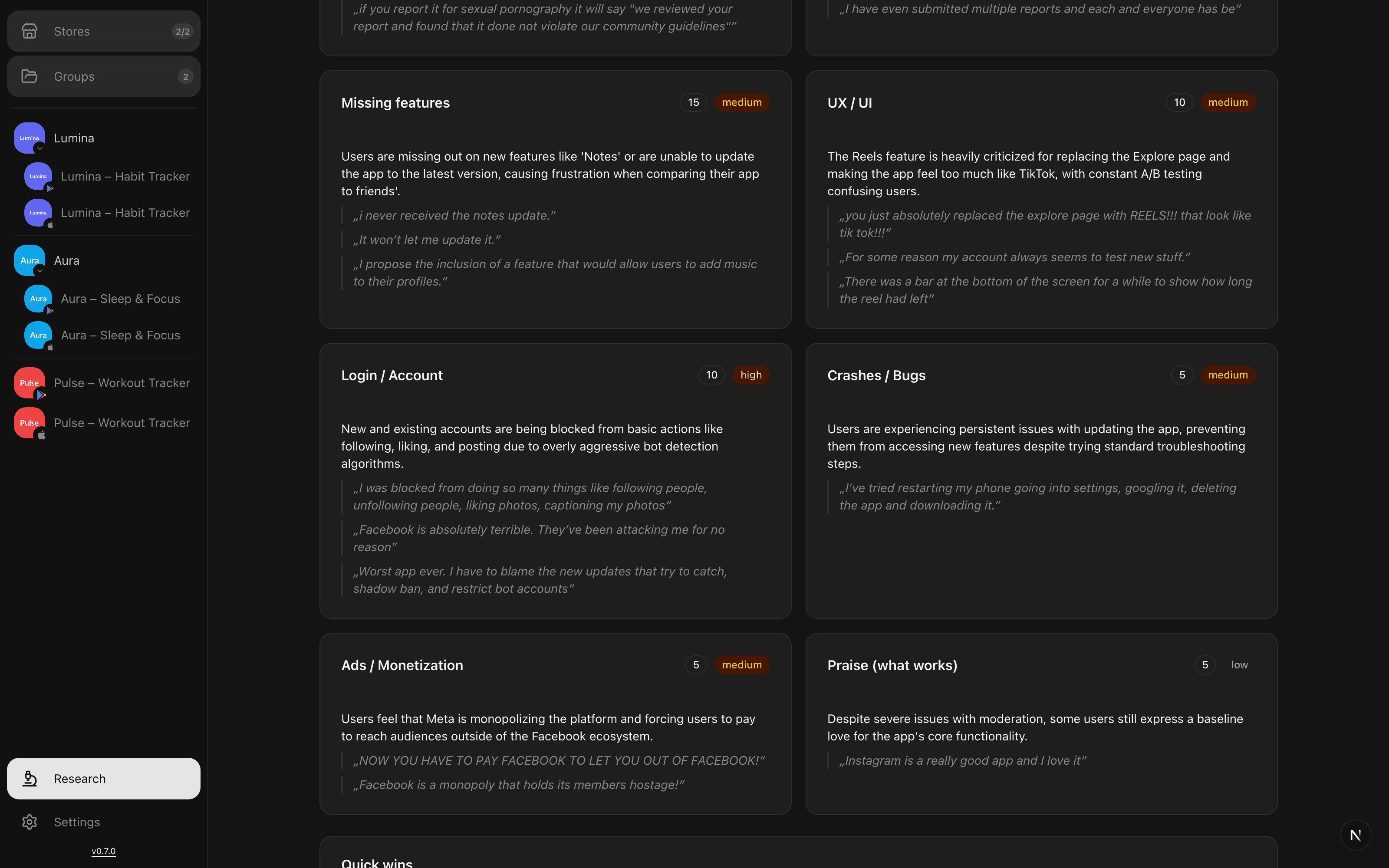 AI-analyzed complaint themes for Instagram with severity badges and verbatim user quotes: missing features, UX/UI, login and account, crashes